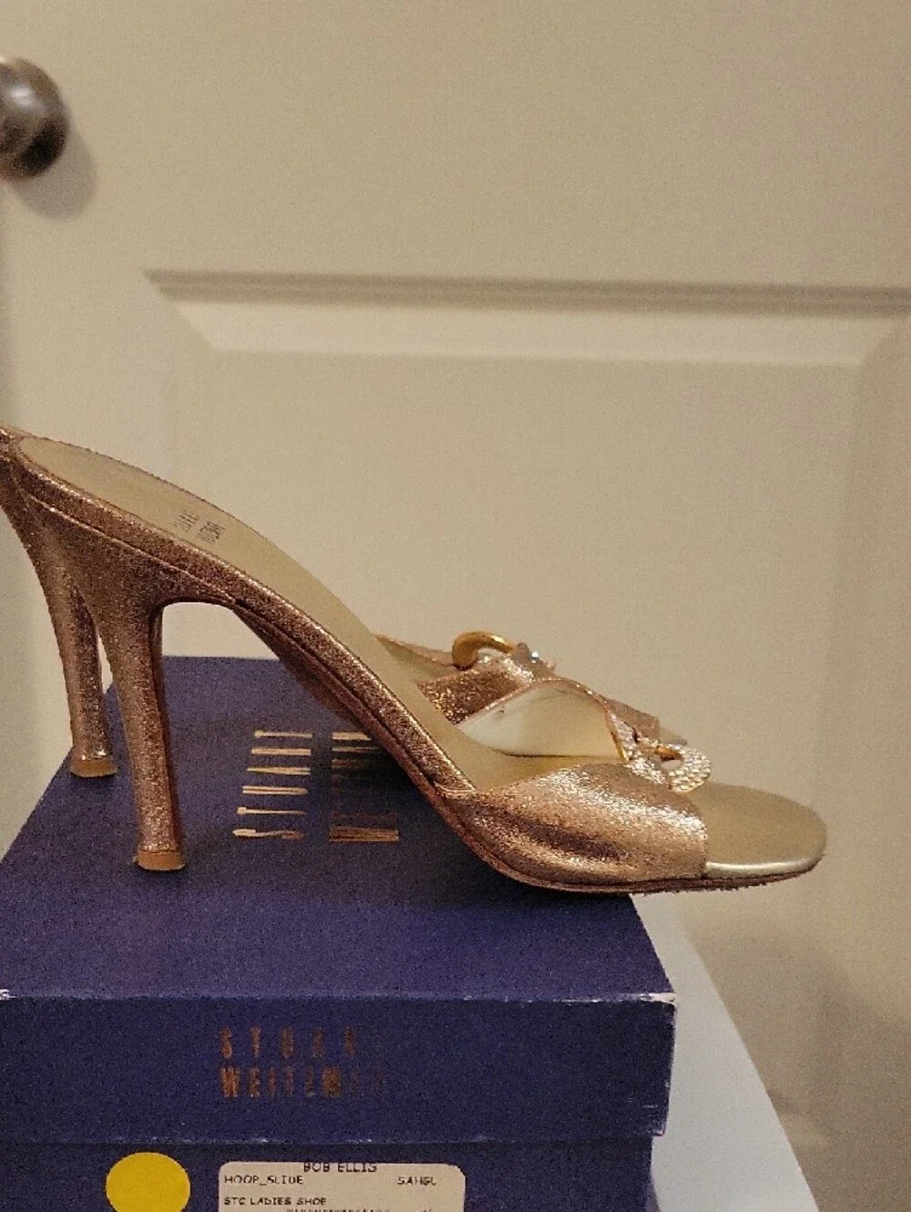 Stuart Weitzman Rose Gold Glitter Slide Mules with Crystal Link - Picture 3 of 7